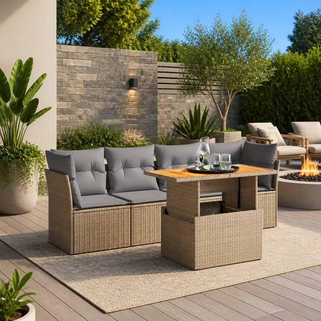 Garden Sofa Set 5 Piece Outdoor Use Beige Poly Rattan with Cushions