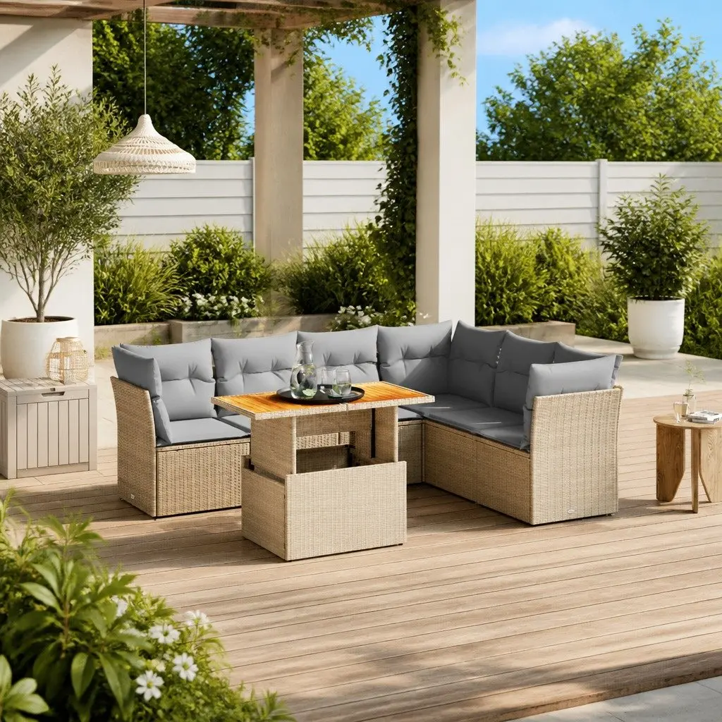 Garden Sofa Set 7 Piece Outdoor Furniture Beige Poly Rattan Patio Sectional