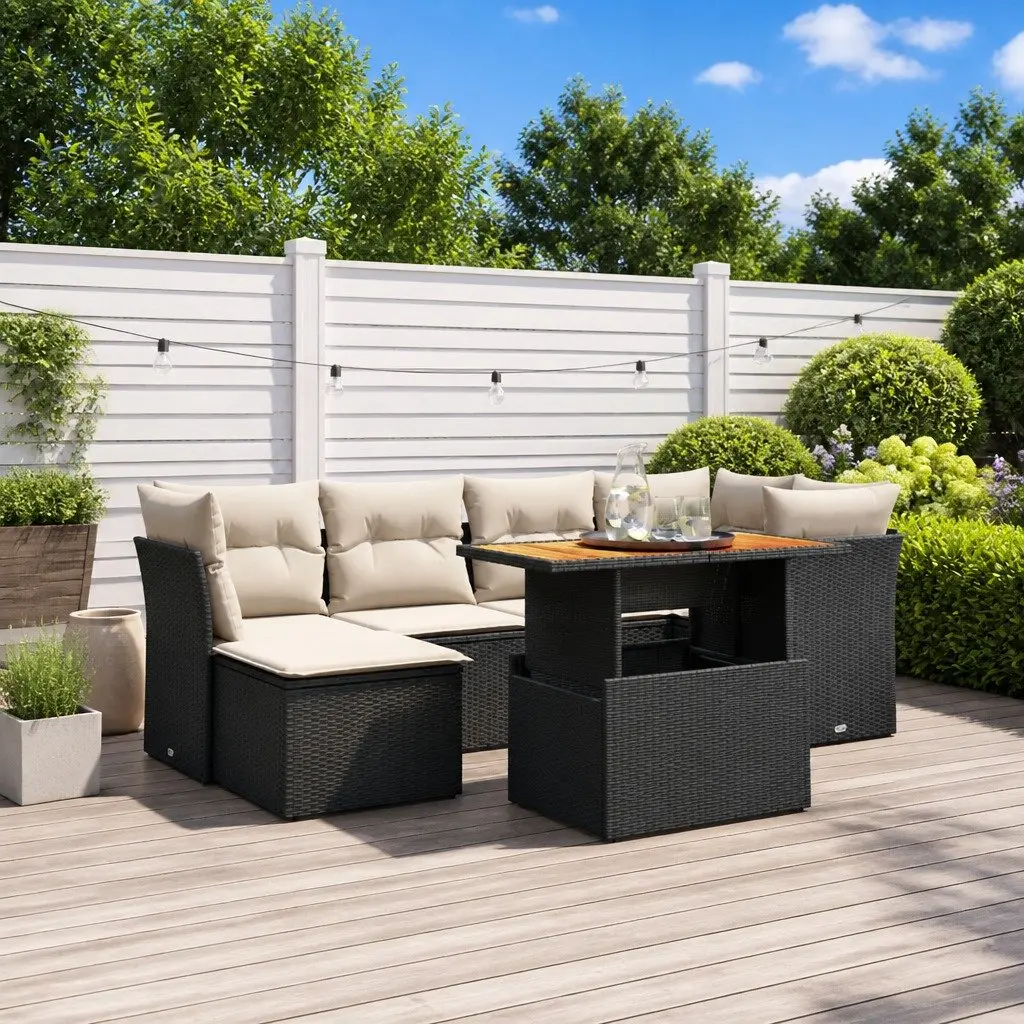 7 Piece Garden Sofa Set Black Poly Rattan Outdoor Furniture with Cushions Patio