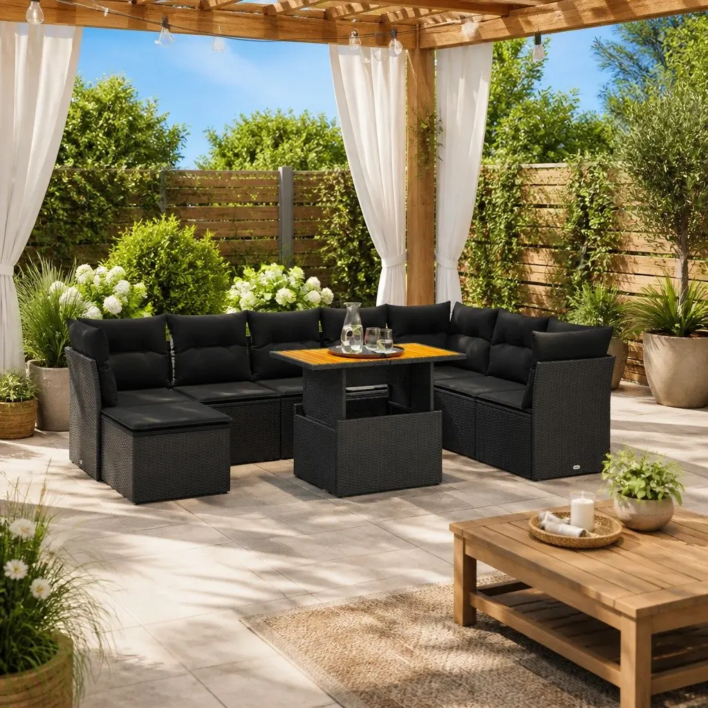 9 Piece Outdoor Garden Sofa Set with Cushions Black Poly Rattan Patio Furniture