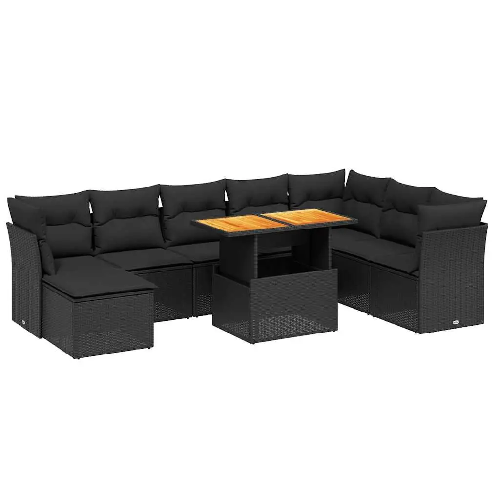 9 Piece Outdoor Garden Sofa Set with Cushions Black Poly Rattan Patio Furniture