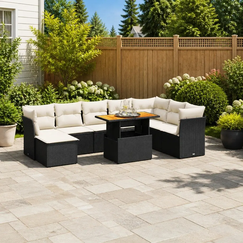 Garden Sofa Set 9 Piece Outdoor Furniture Patio Lounge Black Poly Rattan