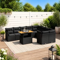 Garden Sofa Set 10 Piece Outdoor Furniture Patio Black Poly Rattan Modular