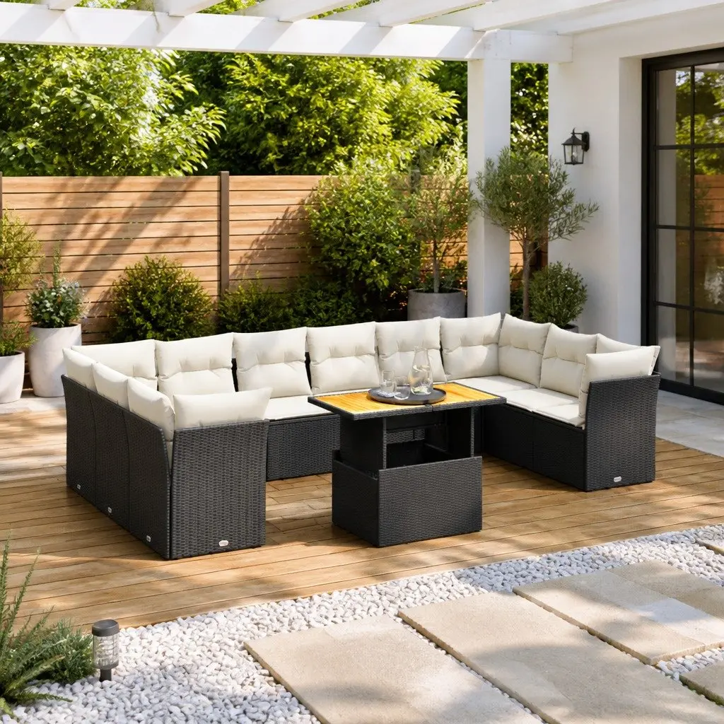 11 Piece Garden Sofa Set Outdoor Patio Furniture Black Poly Rattan Cushions