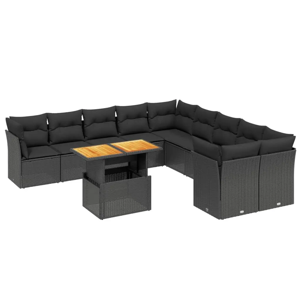 Garden Sofa Set 11 Piece Outdoor Furniture with Cushions Black Poly Rattan Patio