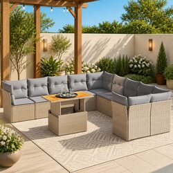 Garden Sofa Set 11 Piece Outdoor Furniture Beige Poly Rattan with Cushions Patio