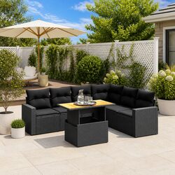 7 Piece Outdoor Garden Sofa Set with Cushions Black Poly Rattan Modular Patio