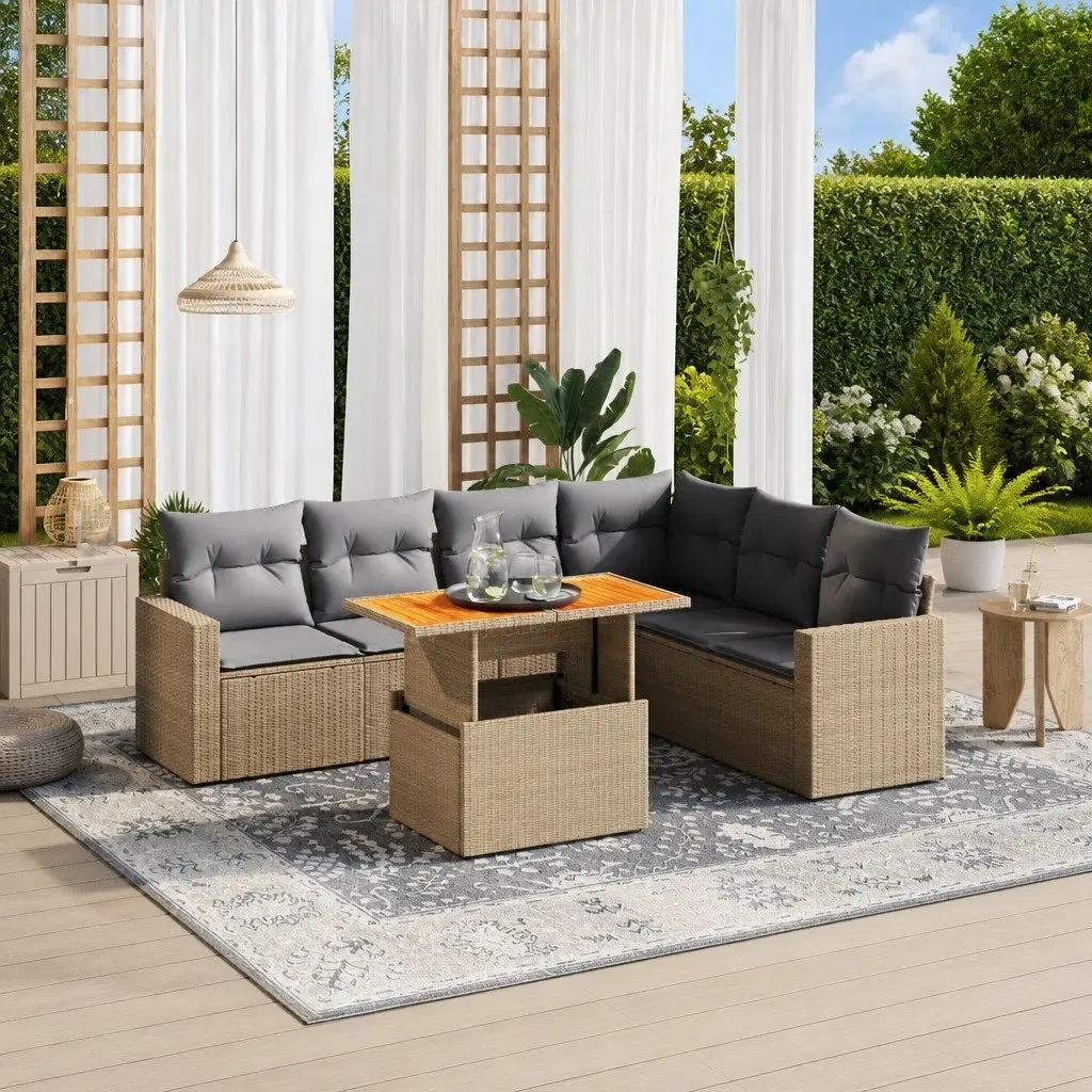 7 Piece Garden Sofa Set Outdoor Furniture Patio Beige Poly Rattan