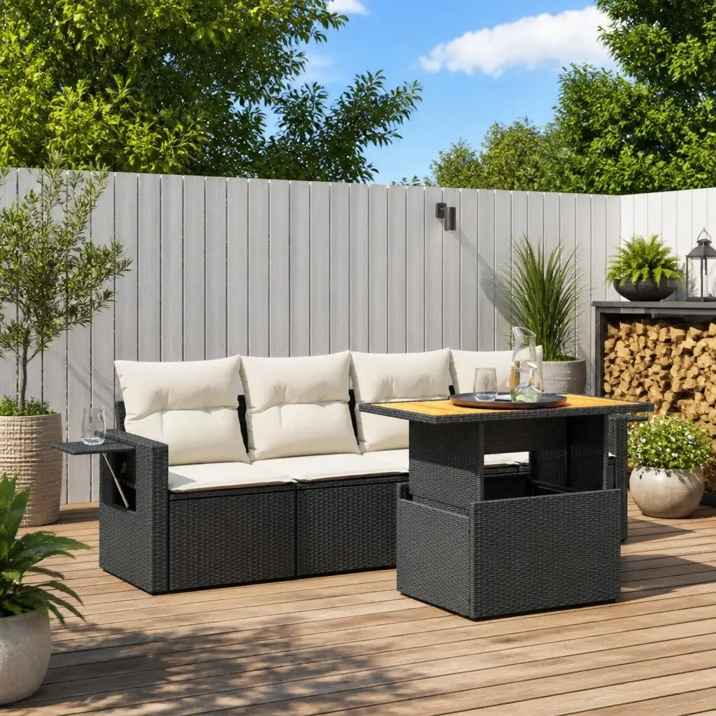 5 Piece Outdoor Garden Sofa Set Poly Rattan Patio Furniture Cushions Black