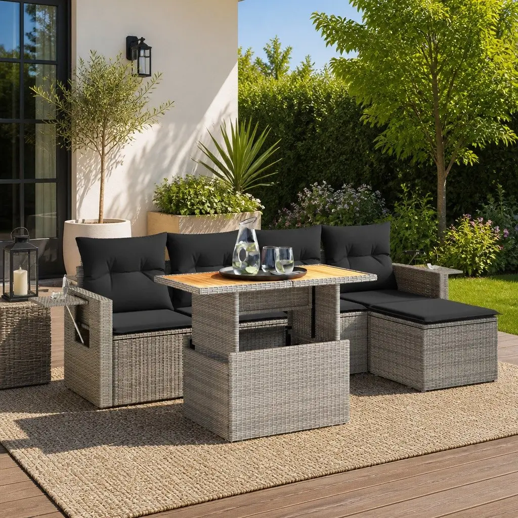 6-Piece Grey Garden Sofa Set with Cushions Included