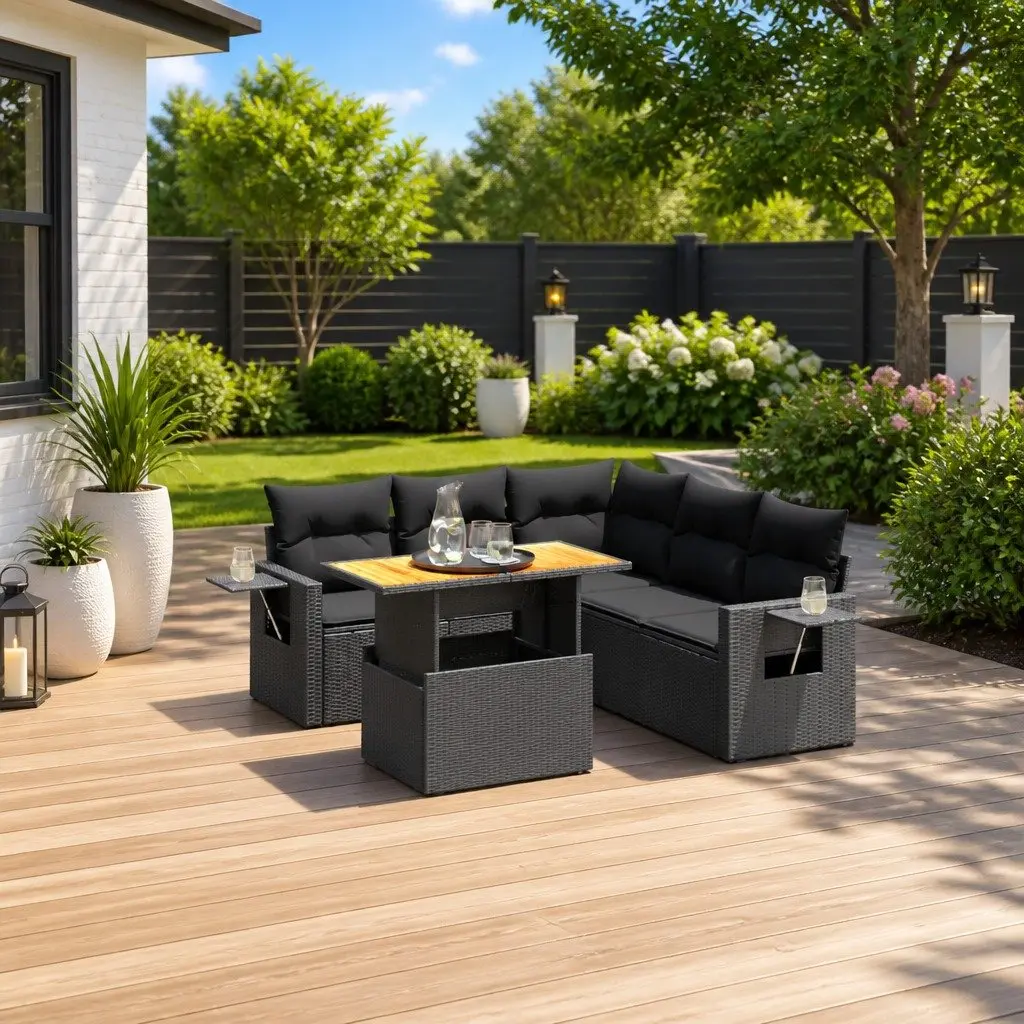 6 Piece Garden Sofa Set Outdoor Patio Furniture Black Poly Rattan Modular