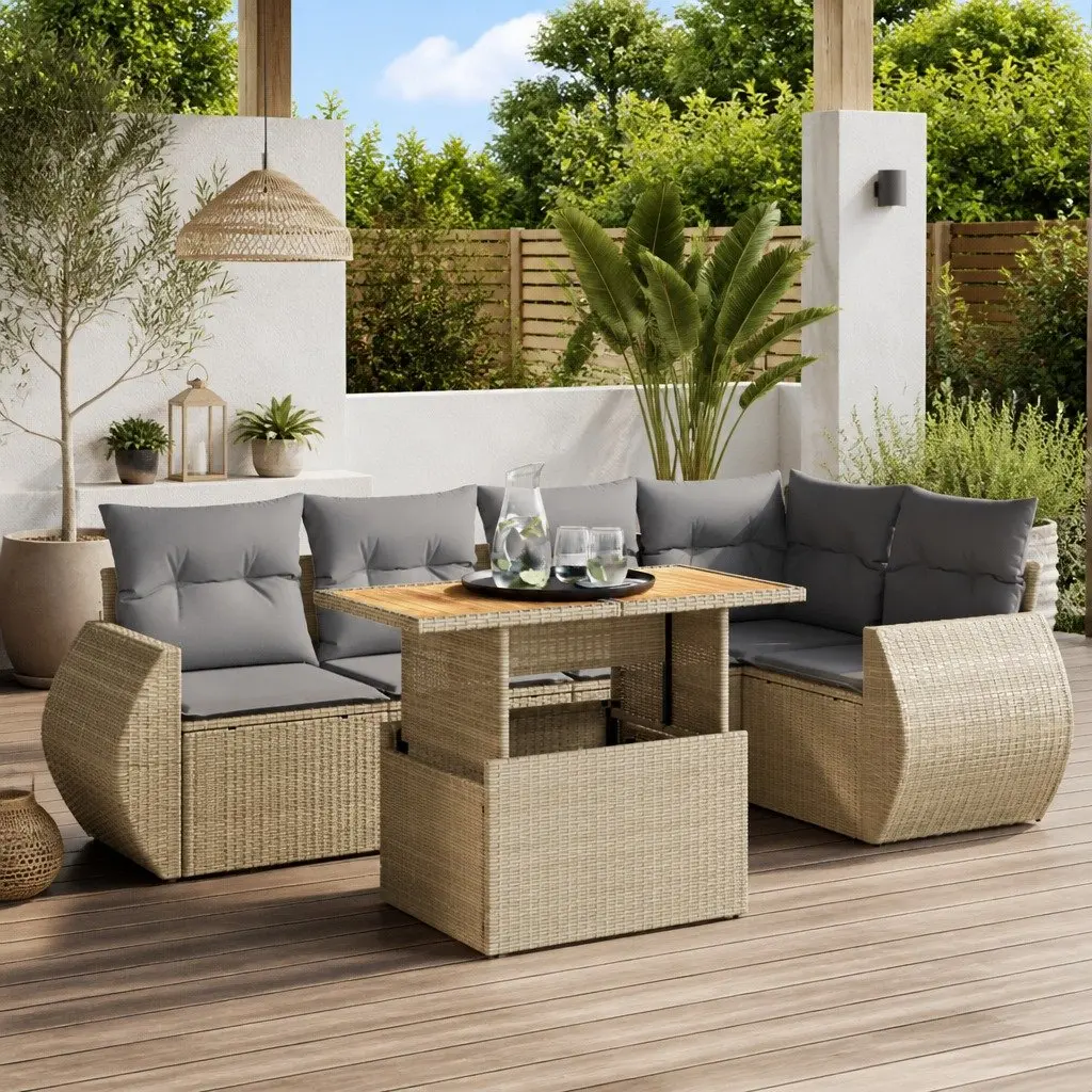 6 Piece Garden Sofa Set Outdoor Furniture Beige Poly Rattan with Cushions