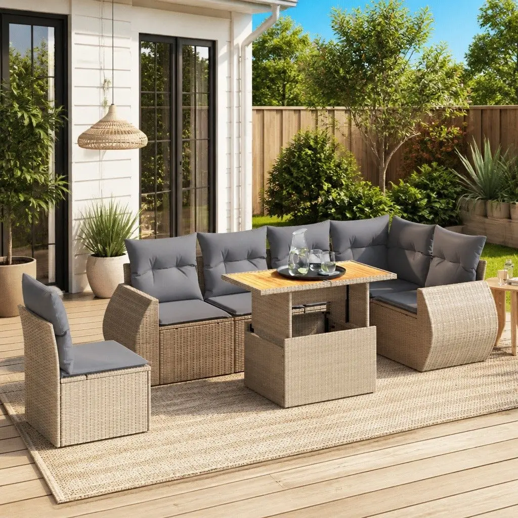 Outdoor Furniture Set 7 Pieces Garden Sofa Lounge with Cushions Beige Rattan