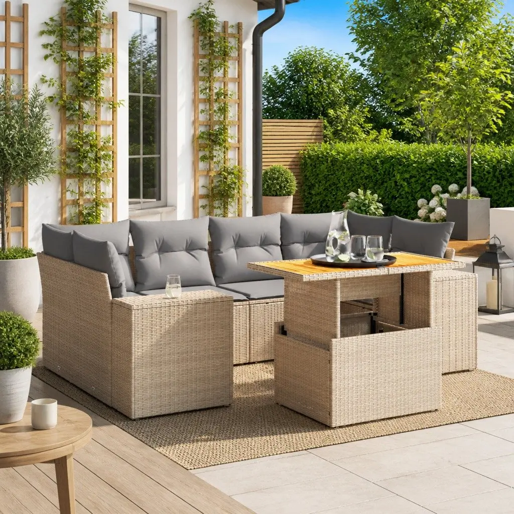 Garden Sofa Set 7 Piece Outdoor Furniture Beige PE Rattan Patio Lounge with