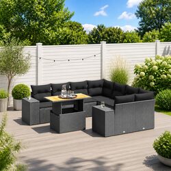 9 Piece Garden Sofa Set Black Poly Rattan Outdoor Patio Furniture Cushions