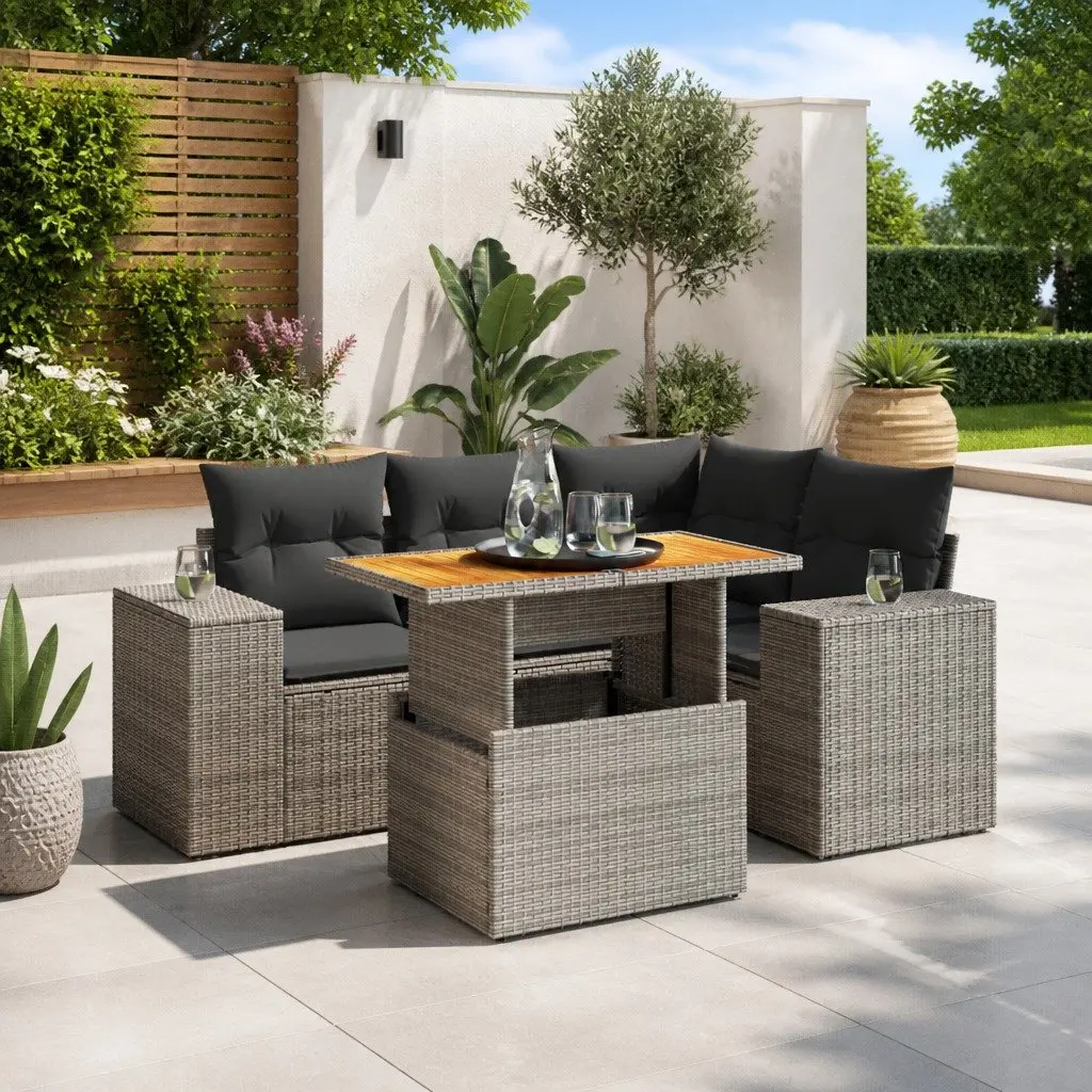 5 Piece Garden Sofa Set Adjustable Dining Table Grey Poly Rattan Outdoor