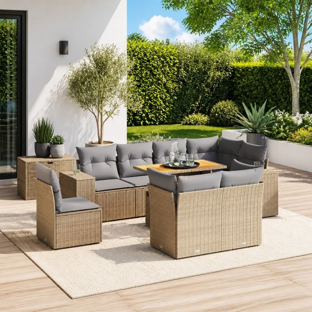 9 Piece Garden Sofa Set Outdoor Furniture Beige Poly Rattan with Cushions
