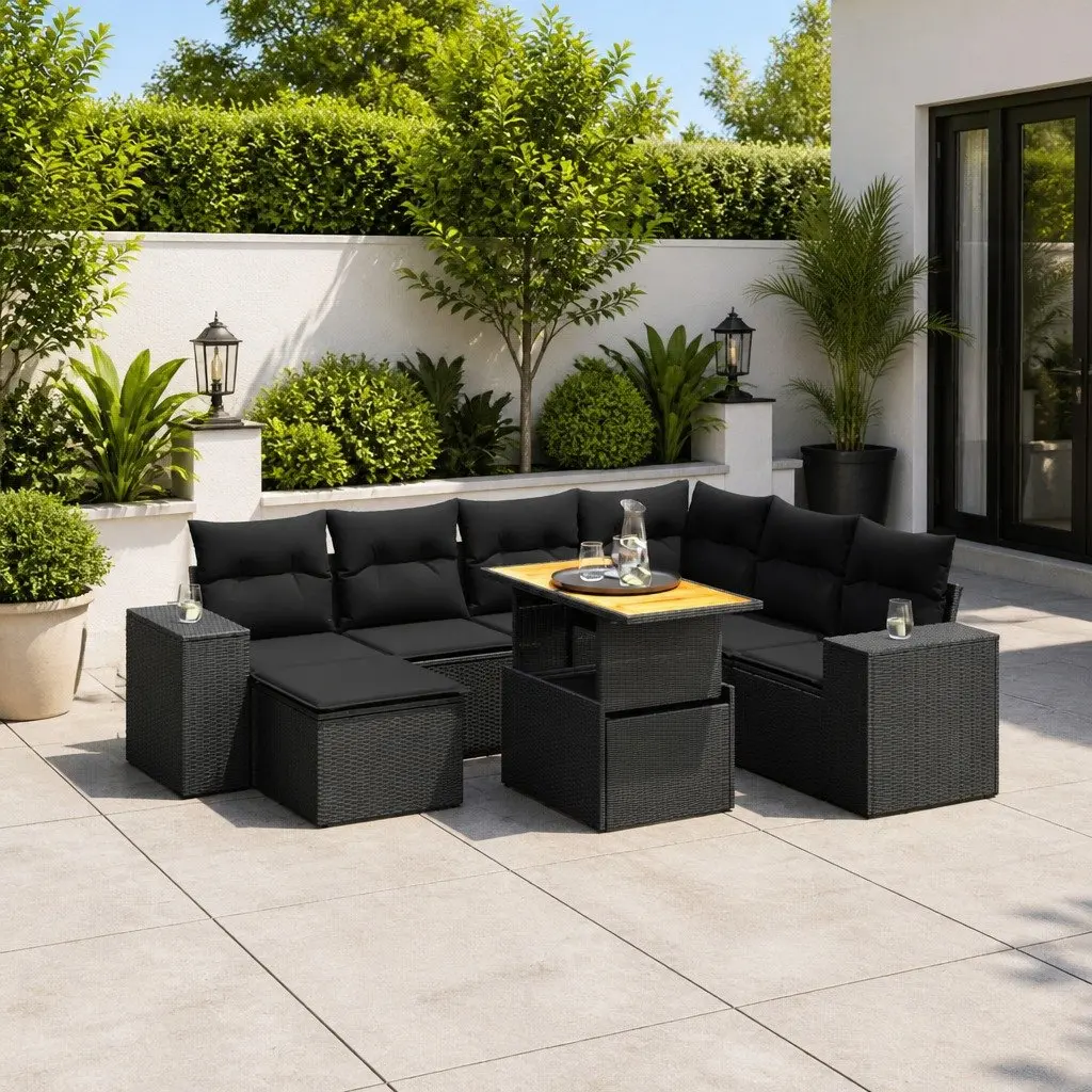 Garden Sofa Set 8 Piece Modular Outdoor Furniture Black PE Rattan with Cushions