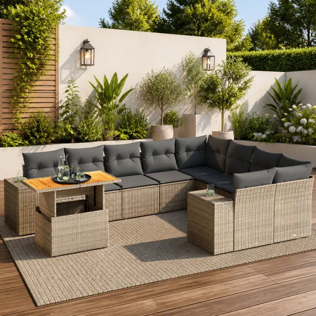 Garden Sofa Set 10 Piece Outdoor Furniture Grey Poly Rattan Patio with Cushions