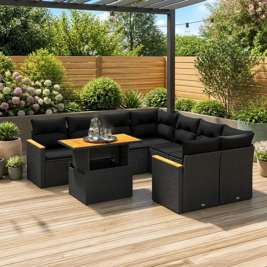 Garden Sofa Set 9 Piece Outdoor Furniture Black Poly Rattan Patio Lounge