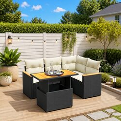 5 Piece Outdoor Garden Sofa Set with Lift-Top Table Black Poly Rattan Cushions