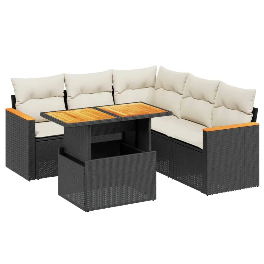 Outdoor 6 Piece Modular Garden Sofa Set with Cushions in Black Poly Rattan for Patio and Backyard