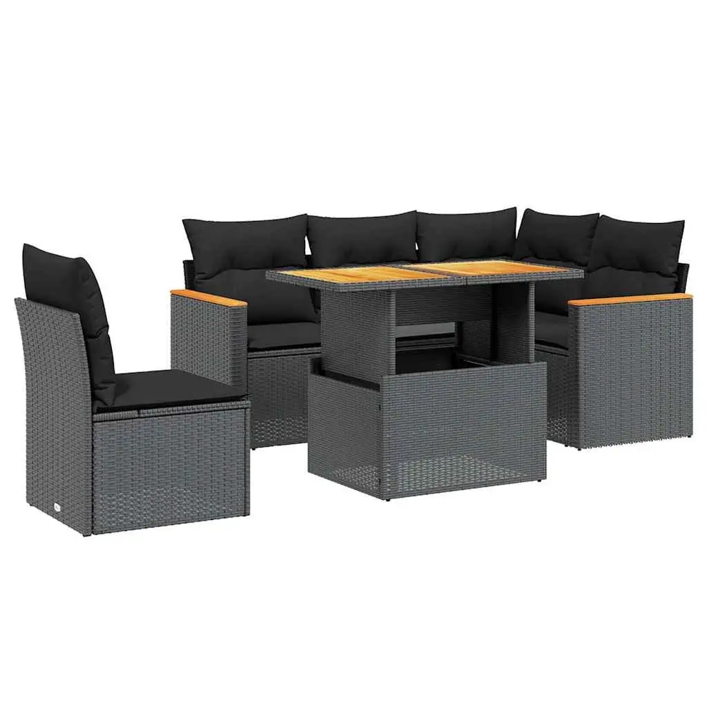 Garden Sofa Set 6 Piece Outdoor Furniture Black Poly Rattan Patio with Cushions