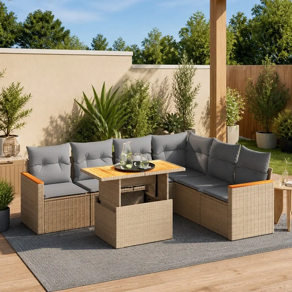 7 Piece Garden Sofa Set Outdoor Furniture Beige Poly Rattan with Cushions