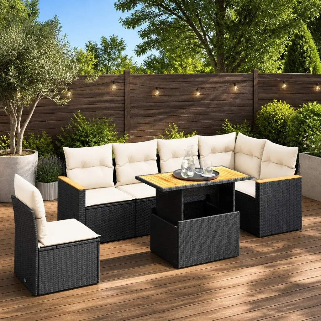 7 Piece Garden Sofa Set Outdoor Furniture Black Poly Rattan Cushions