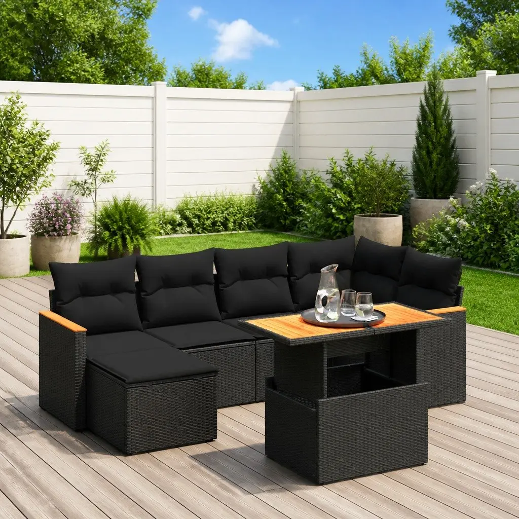 7 Piece Garden Sofa Set Outdoor Furniture Cushions Black Poly Rattan Patio