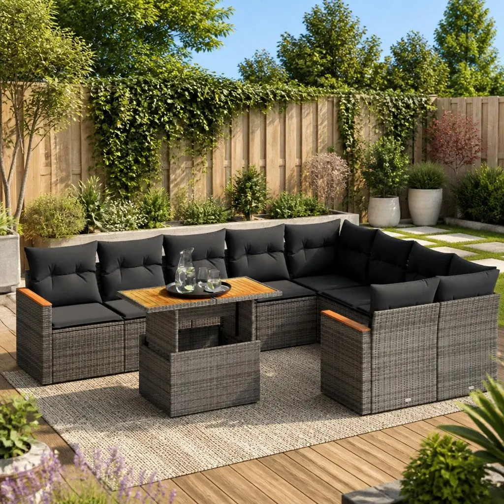 Garden Sofa Set 10 Piece Outdoor Furniture Grey Poly Rattan with Cushions