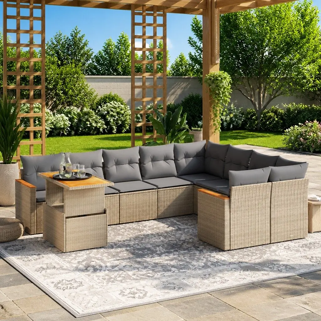 Garden Sofa Set 10 Piece Outdoor Furniture Beige Poly Rattan Patio