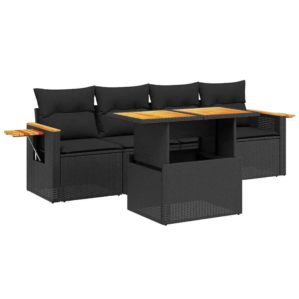 5 Piece Outdoor Garden Sofa Set Black Poly Rattan Cushions