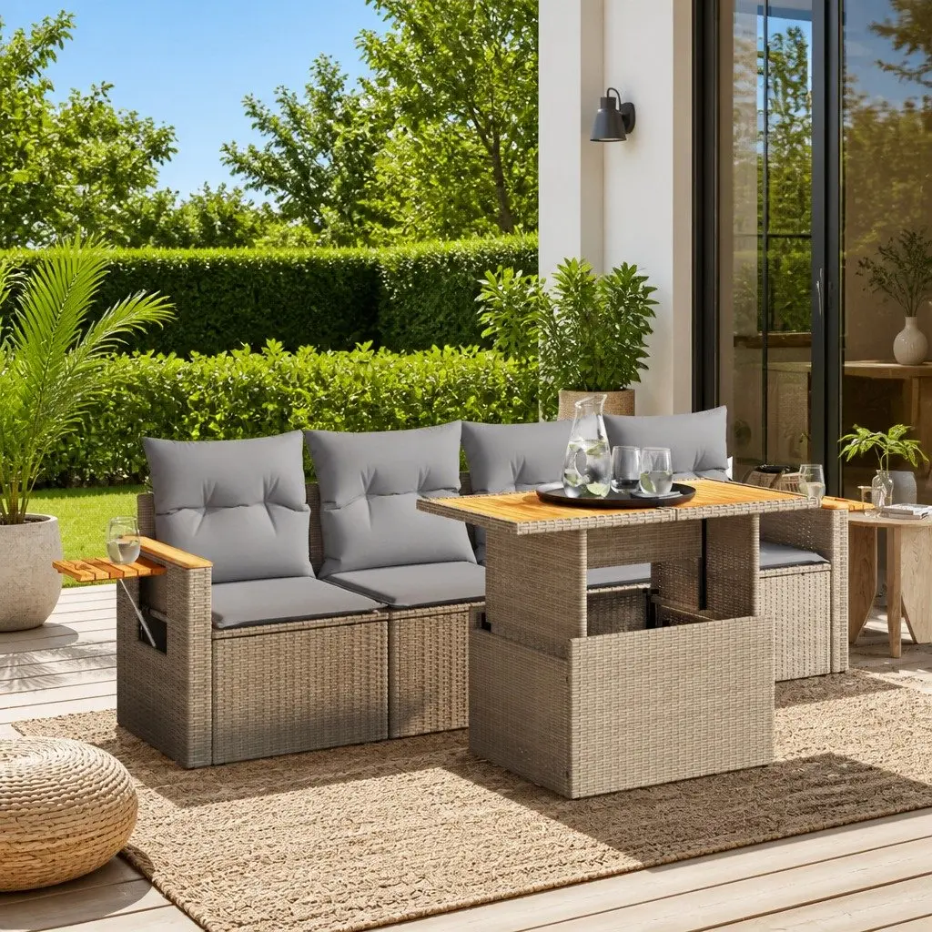 5 Piece Garden Sofa Set with Adjustable Dining Table Foldable Side Table Beige
