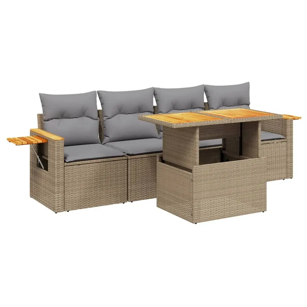 5 Piece Garden Sofa Set with Adjustable Dining Table Foldable Side Table Beige
