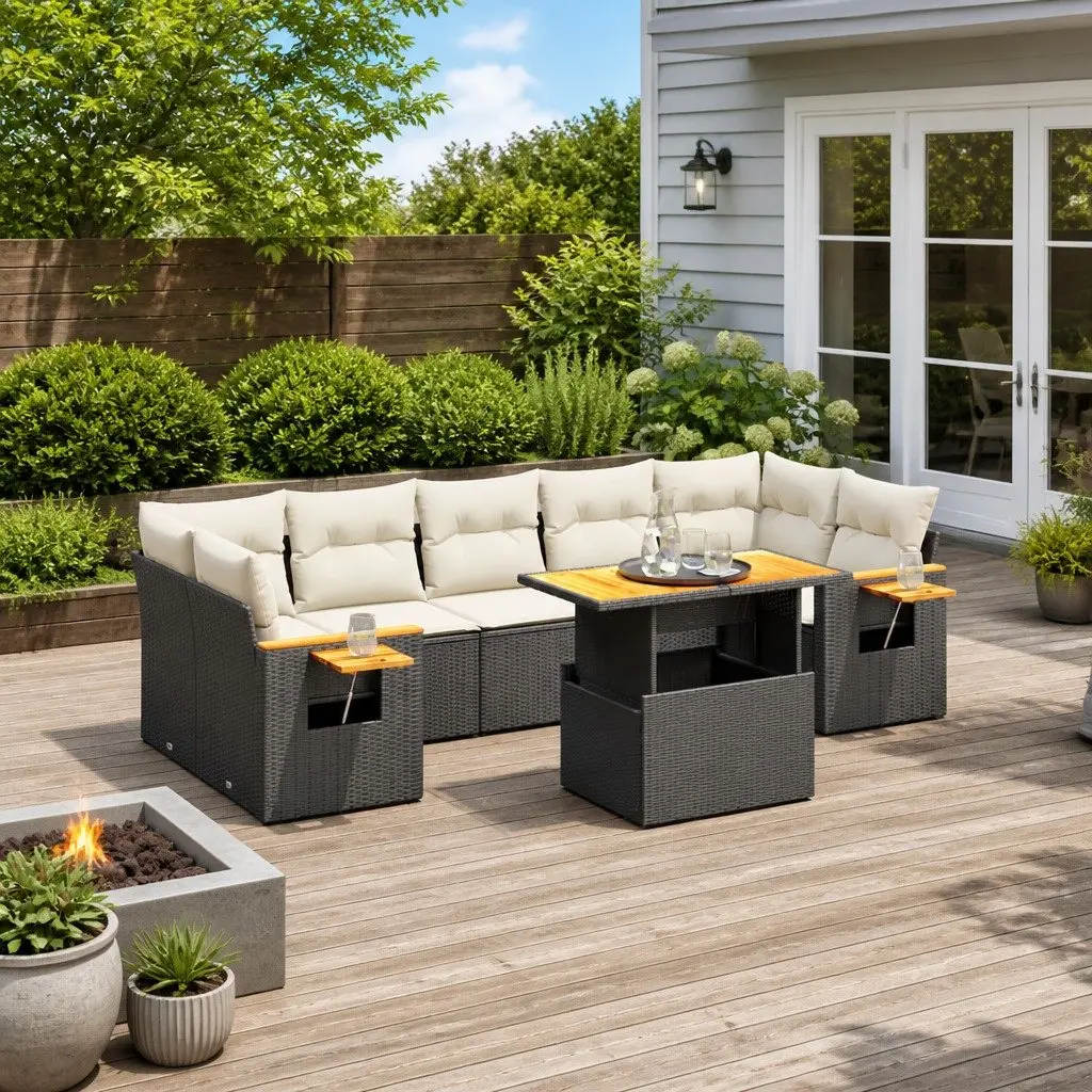 Garden Sofa Set 8 Piece Outdoor Furniture Black Poly Rattan Modular Patio
