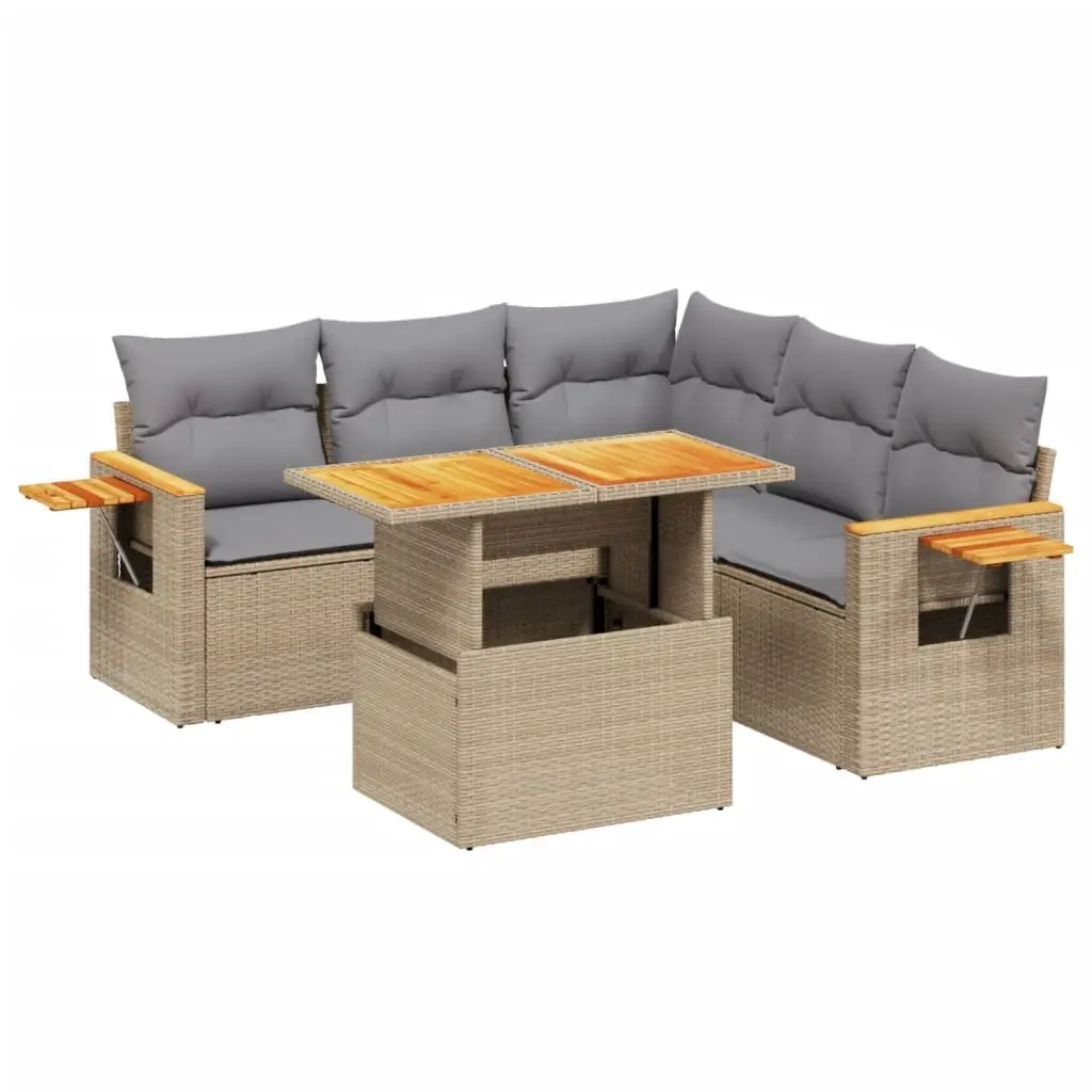 Garden Sofa Set 6 Piece Outdoor Furniture Beige Poly Rattan Patio Sectional