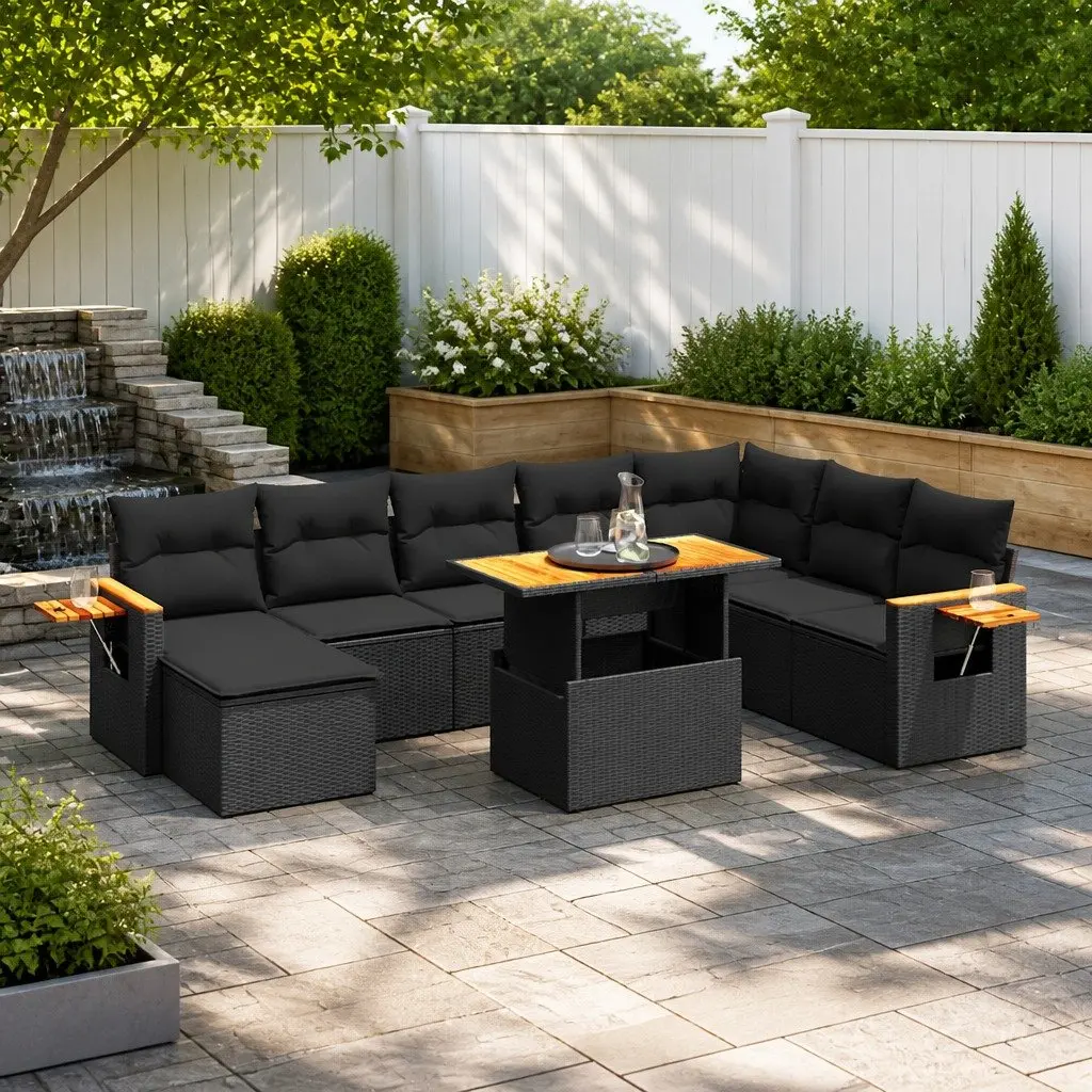 Garden Sofa Set 9 Piece Outdoor Furniture Modular Black Poly Rattan Patio Lounge