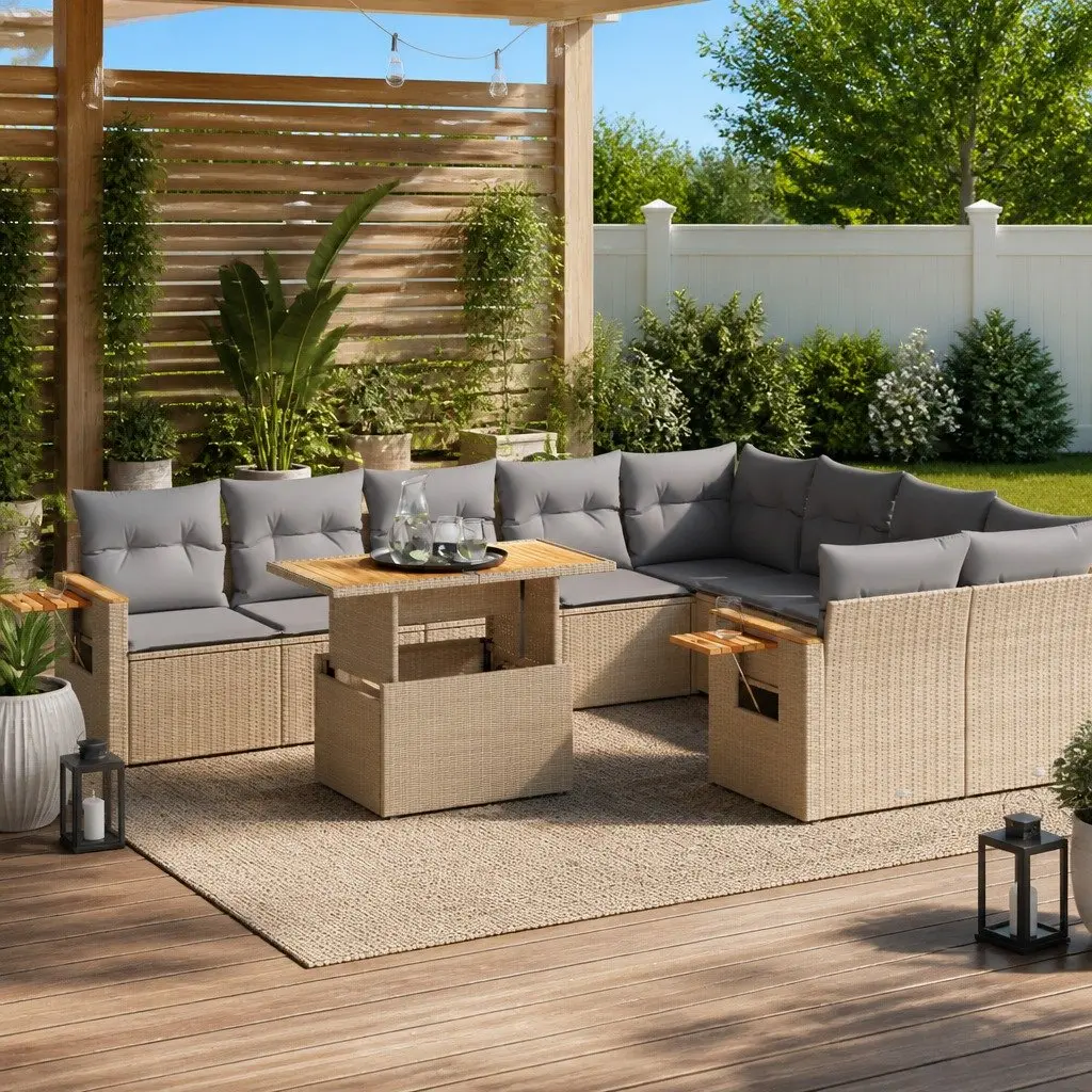 Garden Sofa Set 10 Piece Outdoor Furniture Beige PE Rattan Patio Lounge