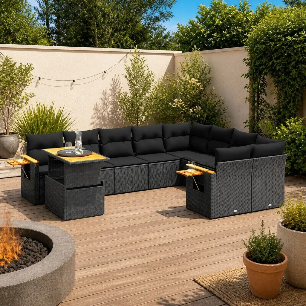 10 Piece Garden Sofa Set Outdoor Patio Furniture Modular Black PE Rattan