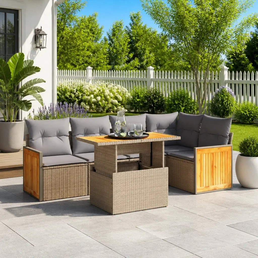 Garden Sofa Set 6 Piece Outdoor Furniture Patio Beige Poly Rattan Modular