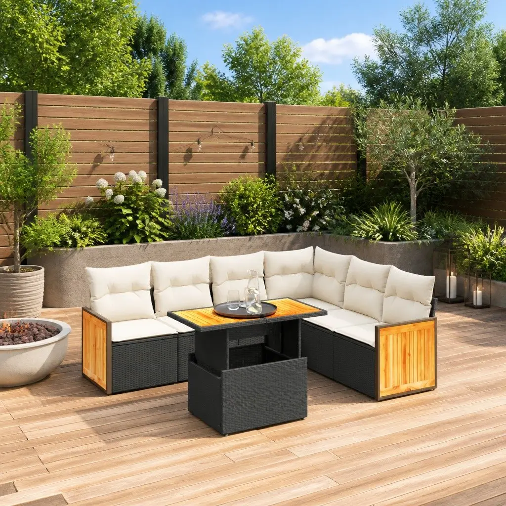 Garden Sofa Set 7 Piece Outdoor Furniture Modular Black Poly Rattan