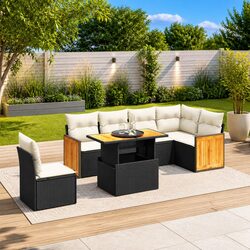 7 Piece Black Rattan Garden Sofa Set with Cushions