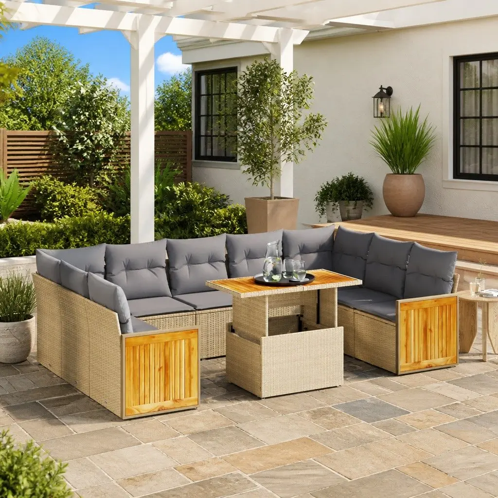 Outdoor Furniture Sofa Set Beige 10 Piece Poly Rattan Garden Patio Lounge
