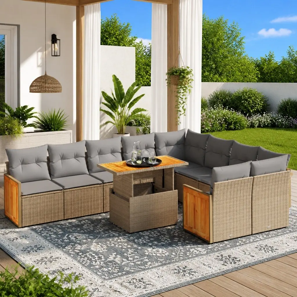 Garden Sofa Set Modular Outdoor Furniture 10 Piece Beige Poly Rattan