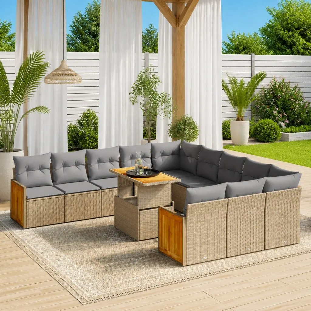 11 Piece Outdoor Garden Sofa Set Beige Poly Rattan Cushions