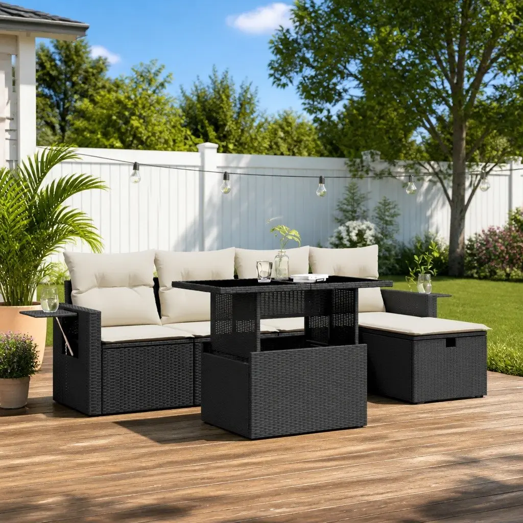 Garden Sofa Set Outdoor Furniture Modular 6 Piece Black Poly Rattan