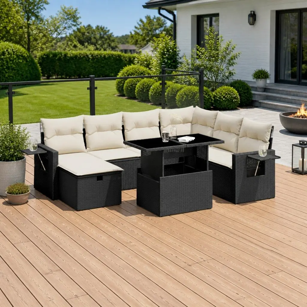 Garden Sofa Set 8 Piece Outdoor Furniture Patio PE Rattan Black with Cushions
