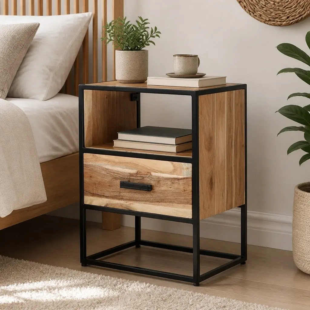 Bedside Table with Storage in Solid Acacia Wood