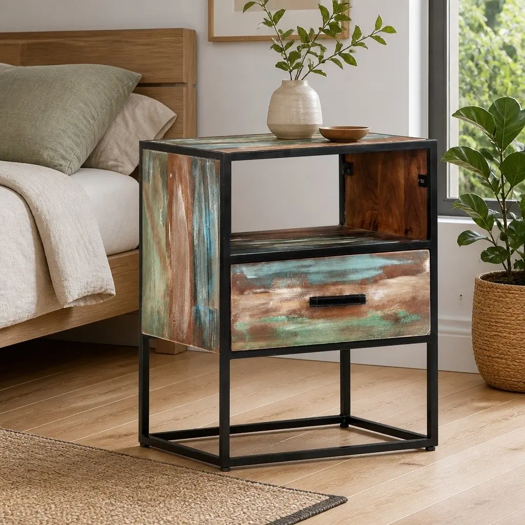 Bedside Table Nightstand 40x30x50cm Solid Reclaimed Wood Multicolour with Drawer
